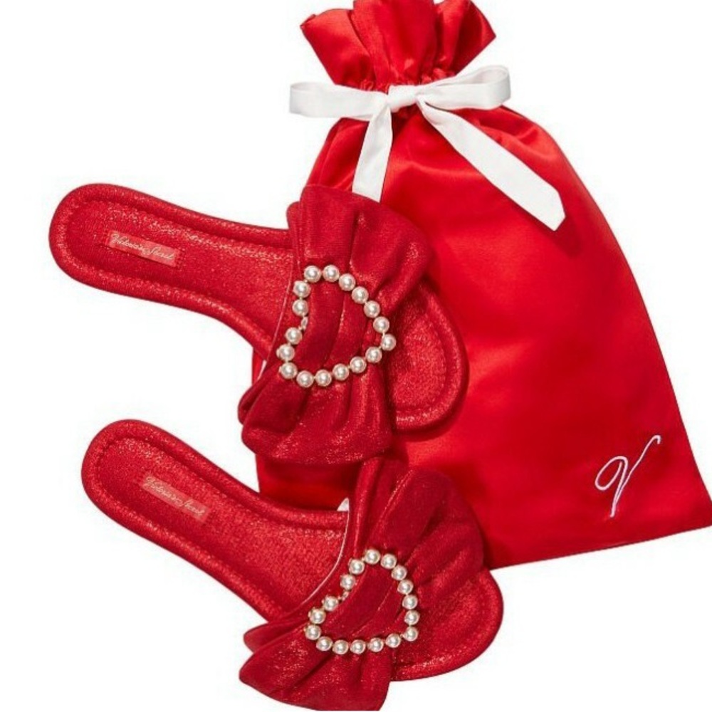 VS rhinestone slide on bow pearl heart slippers